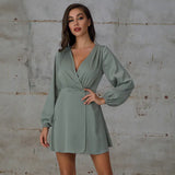 Multicolor V-Neck Long Sleeve Dress