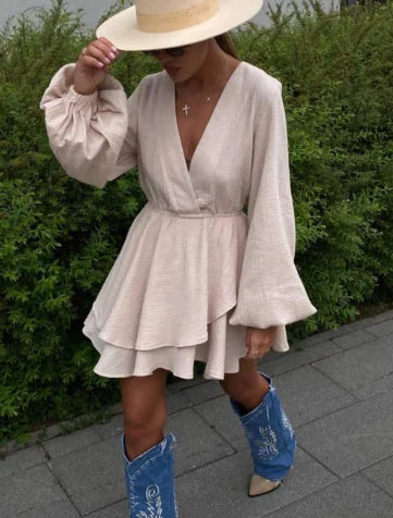 Multicolor V-Neck Long Sleeve Dress